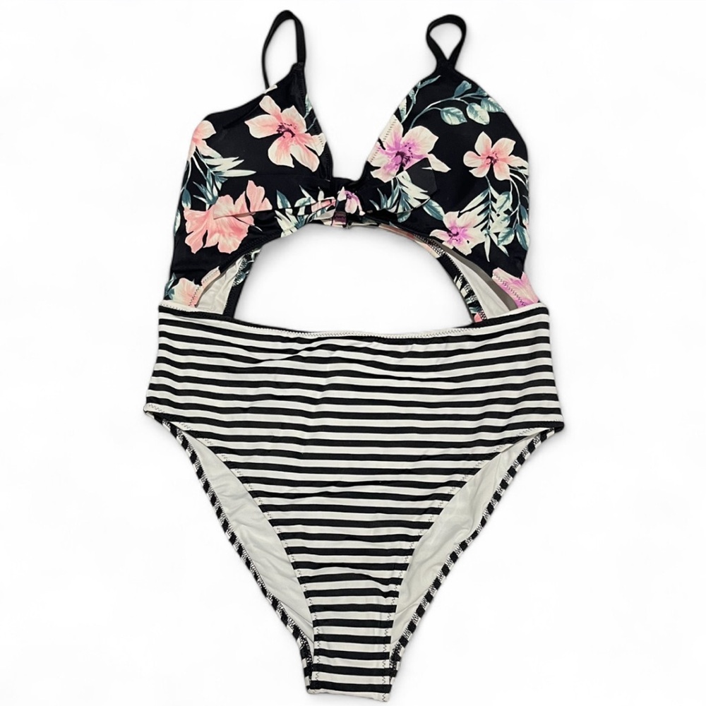 PINK Victoria’s Secret Floral Stripe Cutout One Piece Swimsuit Black | XS | NWT